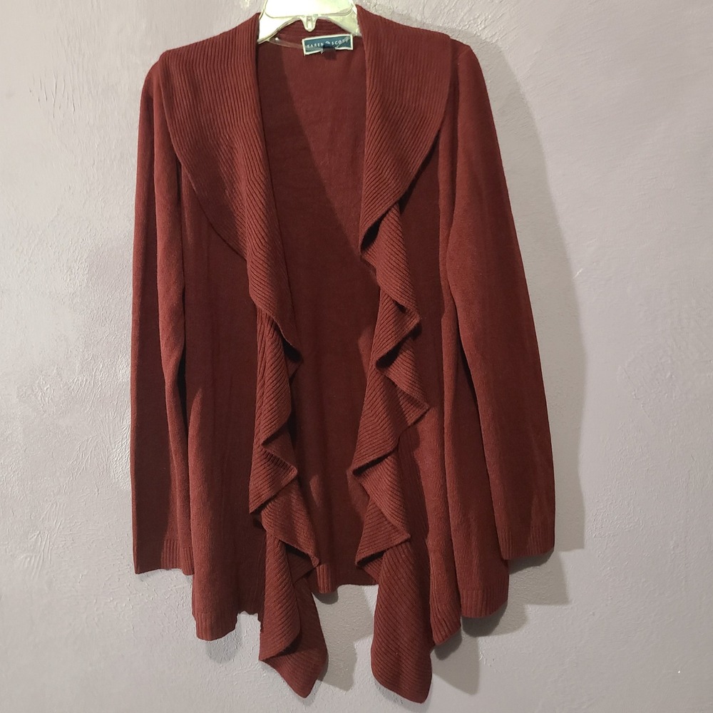 Karen‎ Scott Women's Cardigan Sweater Burgundy Open Front Waterfall Ruffle XL